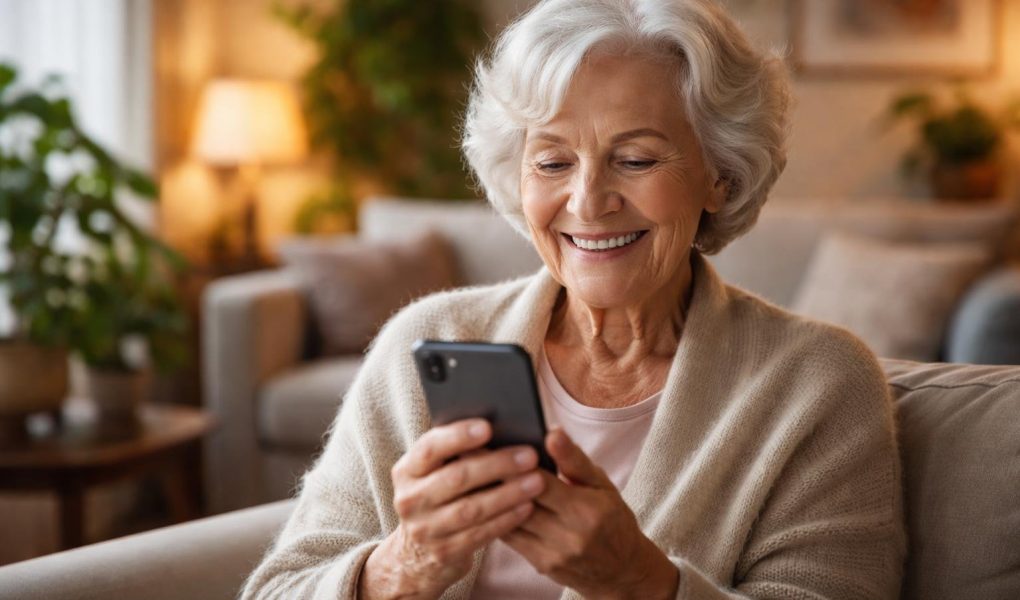 personne-agee-sourire-telephone-salon-cozy