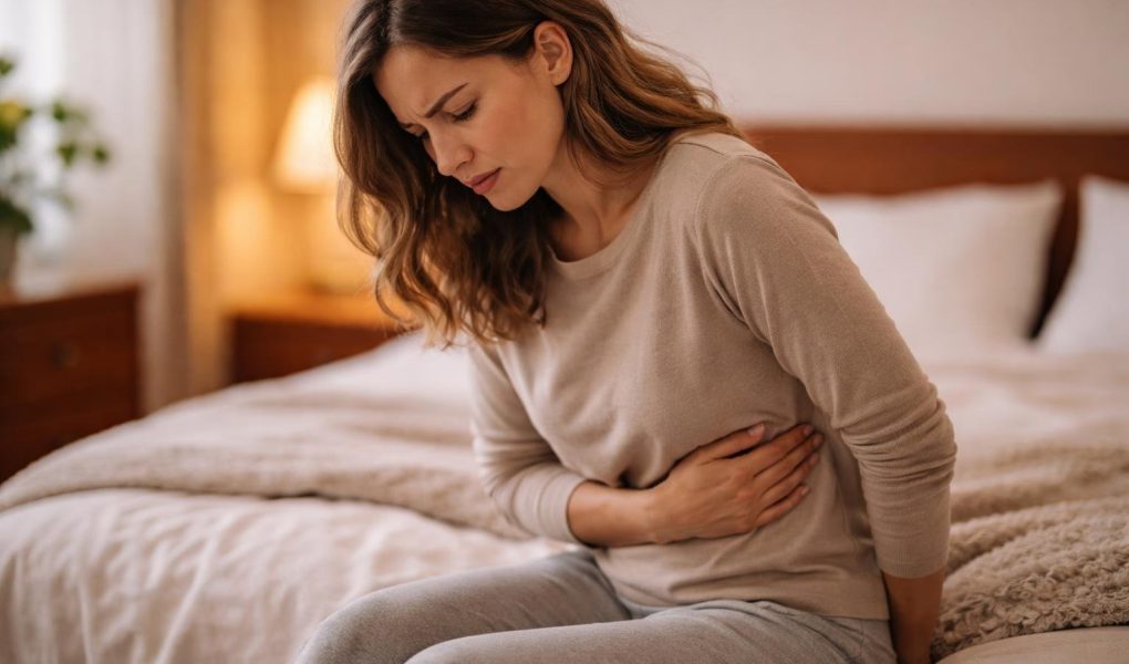 personne-lit-mains-abdomen-éclairage-doux