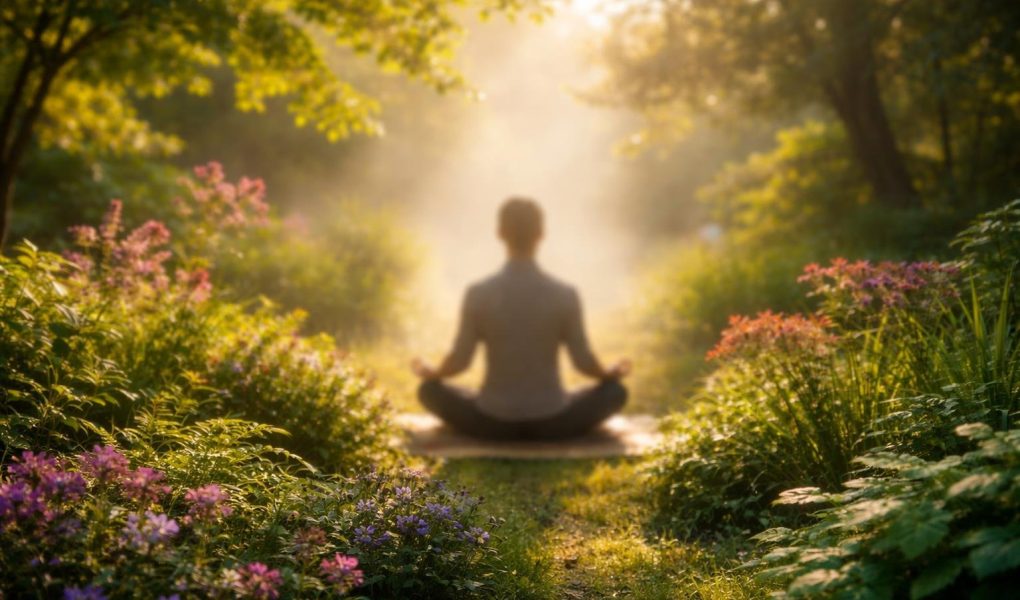 silhouette-meditation-jardin-plantes-fleurs