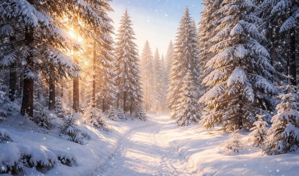 chemin-foret-pins-neige-soleil