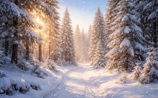 chemin-foret-pins-neige-soleil